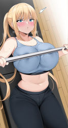  1girl bench_press blend_s blonde_hair blue_eyes breast_press breasts exercising highres hinata_kaho lactation lactation_through_clothes large_breasts long_hair lying midriff noripachi pants ponytail solo sports_bra sportswear weightlifting yoga_pants  rating:Questionable score:142 user:danbooru