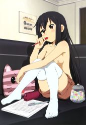  1girl absurdres akitake_seiichi alternate_hairstyle black_hair blush breasts face feet hair_down highres k-on! long_hair medium_breasts nakano_azusa nipples no_shoes nude nude_filter official_art_nude_filter official_style petite red_eyes shorts sitting solo thighhighs thighs third-party_edit toes 
