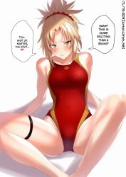 1girl ass bare_shoulders blonde_hair blush braid breasts closed_mouth fate/apocrypha fate_(series) french_braid green_eyes hard-translated highres leaning_back long_hair looking_at_viewer mordred_(fate) mordred_(fate/apocrypha) one-piece_swimsuit parted_bangs ponytail red_one-piece_swimsuit scrunchie sidelocks simple_background sitting small_breasts solo speech_bubble swimsuit thigh_strap thighs third-party_edit ulrich_(tagaragakuin) white_background  rating:Questionable score:69 user:draga