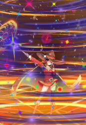  1girl absurdres adjusting_clothes adjusting_headwear anarchojs asymmetrical_legwear bandaged_leg bandages belt belt_collar black_belt black_cape black_gloves black_hat black_thighhighs cape casting_spell collar dress fighting_stance floating_clothes gloves glowing glowing_eye hand_up hat highres kono_subarashii_sekai_ni_shukufuku_wo! long_sleeves looking_at_viewer magic magic_circle megumin mismatched_legwear mixed-language_commentary outstretched_arm red_dress short_dress simple_background sparkle standing thighhighs witch_hat wizard zettai_ryouiki 