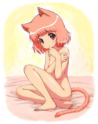 1girl animal_ears barefoot bed blush breasts brown_eyes cat_ears cat_girl cat_tail collarbone copyright_request feet female_focus hand_on_own_chin hand_on_own_face hand_on_own_head heika_(artist) heika_(heikahp) loli looking_at_viewer nipples nude pink_hair red_hair sitting small_breasts solo tail toes rating:Questionable score:87 user:danbooru