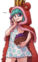  1girl animal_hood aosora2823 artist_name bear_hood bucket cape commentary crown dress food fruit grapes green_hair highres holding holding_bucket hood looking_at_viewer monocle one_piece pink-framed_eyewear polka_dot polka_dot_dress red_cape short_hair simple_background sleeveless sleeveless_dress solo standing sugar_(one_piece) white_background white_dress 