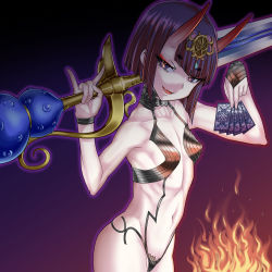 1girl bare_shoulders blush bob_cut breasts bridal_gauntlets card collarbone eyeliner fate/grand_order fate_(series) fire headpiece highres horns looking_at_viewer makeup navel oni open_mouth pt@i purple_eyes purple_hair short_hair shuten_douji_(fate) skin-covered_horns small_breasts smile sword weapon
