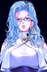  1girl black-framed_eyewear black_background blue_eyes blue_hair breast_curtains breasts clenched_teeth clothing_cutout conto earrings glasses jewelry large_breasts long_hair one-punch_man ouroboros psychos_(one-punch_man) raised_eyebrow shirt shoulder_cutout simple_background solo teeth upper_body wavy_hair white_shirt 