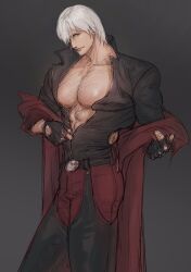  1boy abs backless_pants blue_eyes chaps coat cowboy_shot dante_(devil_may_cry) devil_may_cry devil_may_cry_(series) devil_may_cry_4 fingerless_gloves gloves hair_over_one_eye highres holding large_pectorals looking_at_viewer male_focus manly muscular muscular_male pants pectoral_cleavage pectorals simple_background smile solo standing toned toned_male white_hair ye_(ye79132751) 