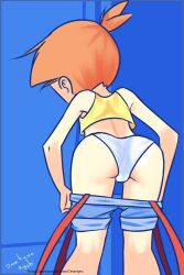  1girl ass bent_over blue_background blue_shorts clothes_pull creatures_(company) denim denim_shorts drantyno from_behind game_freak highres midriff misty_(pokemon) nintendo orange_hair panties pokemon pokemon_(anime) pokemon_(classic_anime) ponytail shirt shorts shorts_pull side_ponytail standing suspenders tank_top underwear undressing white_panties yellow_shirt  rating:Sensitive score:41 user:cpee