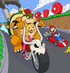  ahegao banana bdsm blonde_hair bondage bound_wrists bowser breasts collar cuffs food fruit fucked_silly lipstick makeup mario mario_kart motor_vehicle motorcycle nipples open_mouth princess_peach shackle super_mario_bros._1 surprised teeth thighhighs thighs tongue tongue_out vehicle  rating:Explicit score:36 user:goombadude12