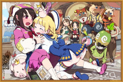 4girls ^_^ animal_hat ass bad_id bad_pixiv_id barrel bell between_legs black_hair blonde_hair blue_eyes blush border bow brown_hair capcom cat cat_hat cha-cha character_request closed_eyes clothes_lift covering_own_mouth crown crying dixie_cup_hat embarrassed felyne fish_bone folding_fan full-face_blush furry furry_female guild_sweetheart hair_tubes hand_fan handheld_game_console hat head_bump heart hug jewelry jingle_bell konaha_(monster_hunter) len_(a-7) military_hat miniskirt monster_hunter monster_hunter_(series) monster_hunter_3 monster_hunter_3_g monster_hunter_portable_3rd multiple_girls navel necklace nekoht nintendo_3ds on_person open_mouth panties patty_(monster_hunter) paw_print pig playing_games pointy_ears poogie purple_eyes quest_receptionist_(monster_hunter_3_ultimate) red_eyes shoes short_hair signature sitting skirt smile tail tail_bow tail_ornament tears thighhighs underwear wavy_mouth white_panties wood