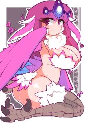 1girl absurdres animal_ears ass bird_ears bird_legs bird_tail blush breasts cleavage commentary commission english_commentary facial_mark feathered_wings feathers harpy heart highres kneeling large_breasts looking_at_viewer monster_girl neck_fur nn_(eogks) original pink_eyes pink_feathers pink_hair pink_wings solo tail talons tiara white_background white_feathers winged_arms wings