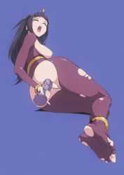1girl absurdres anal ass black_hair blue_background blunt_bangs breasts cleft_of_venus closed_eyes dildo feet female_focus fire_emblem fire_emblem_awakening flou_(flou_art) from_behind full_body functionally_nude highres legs legs_together lying moaning nintendo nipples no_shoes on_side open_mouth pussy sex_toy sideboob simple_background skindentation soles solo tharja_(fire_emblem) thighs torn_clothes rating:Explicit score:345 user:Ahegao_lmao