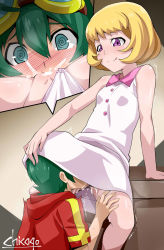  1boy 1girl :q @_@ age_difference arm_support bar_censor blonde_hair blush breasts censored chicago-x cunnilingus digimon digimon_universe:_appli_monsters dress female_ejaculation female_pov femdom flat_chest green_eyes green_hair head_under_skirt hetero highres holding_head kashiki_ai kneeling loli oral pointless_censoring pov purple_eyes pussy pussy_juice pussy_juice_trail shinkai_haru short_hair shota sleeveless sleeveless_dress small_breasts tagme tongue tongue_out trembling upskirt  rating:Explicit score:239 user:awafu