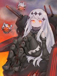 1girl abyssal_ship aircraft_carrier_water_oni armored_boots black_neckerchief black_thighhighs boots breasts closed_mouth detached_sleeves enemy_aircraft_(kancolle) hair_ornament highres kantai_collection knee_boots korumochi large_breasts long_hair looking_at_viewer neckerchief orange_eyes pale_skin sitting thighhighs turret turtleneck very_long_hair white_hair 
