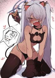  1boy 1girl :p absurdres all_fours angry animal_ear_hairband animal_ears animal_hands bell black_bra black_choker black_panties black_thighhighs blue_archive blush bra breasts camera cat_ear_hairband cat_ears cat_lingerie cat_paws center_opening choker cleavage demon_tail doodle_sensei_(blue_archive) embarrassed fake_animal_ears flying_sweatdrops gloves grey_hair grey_halo hair_bell hair_ornament hair_over_one_eye hairband halo hands_on_floor heart highres holding holding_camera iori_(blue_archive) jingle_bell kkry99 long_bangs long_hair meme_attire neck_bell panties paw_gloves pointy_ears red_eyes sensei_(blue_archive) sidelocks small_breasts spoken_character sweat tail tail_bell tail_ornament teeth thighhighs tongue tongue_out twintails underwear upper_teeth_only v-shaped_eyebrows very_long_hair white_background 