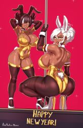 2girls aestheticc-meme animal_ears armpits ass ass_focus black_hair bow bowtie breasts butt_crack chinese_zodiac cleavage clothing_cutout daniela_(aestheticc-meme) dark-skinned_female dark_skin earrings elbow_gloves fake_animal_ears fake_tail gloves gold_leotard happy_new_year high_heels highres huge_ass huge_breasts jewelry large_breasts leotard lipstick long_hair looking_at_viewer makeup mole mole_on_breast mole_under_mouth mother_and_daughter multicolored_hair multiple_girls navel navel_cutout navel_piercing new_year original pantyhose piercing playboy_bunny pole pole_dancing rabbit_ears rabbit_pose rabbit_tail sabrina_(aestheticc-meme) squatting strapless strapless_leotard stripper_pole tail thick_thighs thighhighs thighs white_hair year_of_the_rabbit yellow_eyes rating:Questionable score:106 user:danbooru