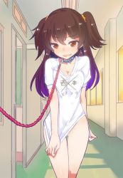 1girl bdsm blush bondage bound brown_eyes brown_hair caburi_aki collar copyright_request exhibitionism leash long_hair naked_shirt public_indecency shirt slave solo two_side_up viewer_holding_leash rating:Questionable score:99 user:danbooru