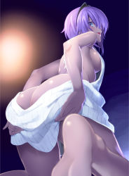 1girl 846-gou alternate_costume ass backless_dress backless_outfit bad_id bad_pixiv_id bare_arms bare_back bare_shoulders blue_eyes blush breasts butt_crack dark-skinned_female dark_skin dress fate/prototype fate/prototype:_fragments_of_blue_and_silver fate_(series) feet from_behind from_below hairband hassan_of_serenity_(fate) looking_at_viewer looking_back looking_down medium_breasts meme_attire no_panties no_shoes parted_lips profile purple_hair short_hair sideboob smile soles solo sweater sweater_dress virgin_killer_sweater rating:Questionable score:73 user:danbooru