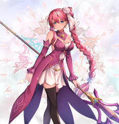  1girl absurdres bare_shoulders blue_eyes blush bow braid breasts cleavage collar commission dress earrings eiyuu_densetsu emma_millstein eyebrows falcom female_focus flower glasses hair_between_eyes hair_bow hair_flower hair_ornament highres holding holding_staff holding_weapon huge_weapon jewelry large_breasts long_hair looking_at_viewer magical_girl necklace official_alternate_costume purple_dress purple_hair sen_no_kiseki sen_no_kiseki_iv shiny_skin sleeves_past_wrists smile solo staff strapless strapless_dress thighhighs thighs u674fu4e43 weapon  rating:Sensitive score:6 user:DrHei