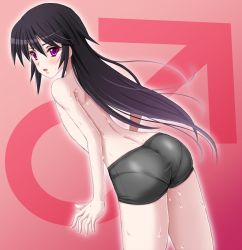1boy androgynous ass bike_shorts black_hair blush from_behind gradient_background hyori_osin long_hair looking_at_viewer looking_back open_mouth original panties panties_under_bike_shorts pantylines parted_lips sweat trap underwear rating:Questionable score:46 user:armorcrystal