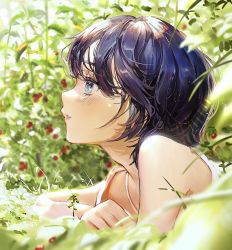 1girl absurdres blue_eyes blurry blurry_background blurry_foreground bush camisole day flower grass highres leaf light_blush light_particles lying on_stomach original outdoors parted_lips profile purple_eyes red_flower short_hair solo tsukiiro upper_body white_camisole rating:Sensitive score:4 user:danbooru
