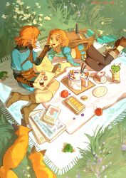  1boy 1girl 1other absurdres apple basket black_pants blonde_hair blue_shirt book boots bottle braid brown_pants cake champion&#039;s_tunic_(zelda) crown_braid day facing_away feeding flower food fox frog from_above fruit grass hair_ornament hairclip highres holding holding_tray korok link looking_at_another lying nintendo on_ground open_book open_mouth outdoors pants pointy_ears princess_zelda red_apple saucer shirt short_hair short_ponytail sidelocks signature sitting the_legend_of_zelda the_legend_of_zelda:_tears_of_the_kingdom towel tray yokozuwari yushx31 