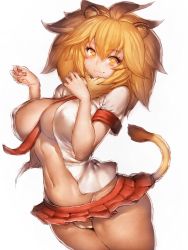  10s 1girl animal_ears between_breasts breasts brown_hair covered_erect_nipples fang fang_out fumio_(rsqkr) kemono_friends large_breasts lion_(kemono_friends) lion_ears lion_tail long_hair looking_at_viewer navel necktie necktie_between_breasts panties short_hair simple_background skirt smile solo tail thighs underwear white_background white_panties  rating:Sensitive score:38 user:danbooru