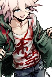  1boy :d blood blood_on_clothes blue_eyes blue_pants chain clothes_writing collarbone commentary_request cowboy_shot danganronpa_(series) danganronpa_2:_goodbye_despair denim green_jacket grey_background grey_eyes grey_hair hair_between_eyes hands_up highres jacket jeans komaeda_nagito male_focus medium_hair open_mouth pants shirt simple_background smile solo teeth upper_teeth_only youko-shima 