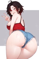  1girl absurdres ahoge ass ass_focus bad_id bad_twitter_id bare_shoulders black_hair blue_shorts bluefield blush breasts breath camisole cutoffs denim denim_shorts gradient_hair grey_background grey_eyes hair_between_eyes hand_up highres large_breasts leaning_forward looking_at_viewer multicolored_hair open_mouth panties pantyshot red_camisole red_hair red_panties ruby_rose rwby short_hair short_shorts shorts smile solo sweat two-tone_background underwear v white_background  rating:Questionable score:160 user:danbooru