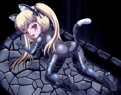 1girl all_fours anal anal_object_insertion anal_tail animal_ears bdsm blonde_hair blush bondage bound butt_plug chimotabo_no_mago collar fake_animal_ears fake_tail gimpsuit high_heels latex leash loli nipple_piercing object_insertion pet_play piercing red_eyes saliva sex_toy shoes slave tail tears rating:Explicit score:51 user:lkjh098