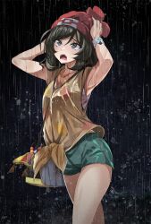  1girl armpits arms_up bag bare_arms beanie black_hair breasts collarbone commentary_request cowboy_shot creatures_(company) d: game_freak green_shorts hands_on_headwear hat highres night nintendo open_mouth pokemon pokemon_sm rain red_hat see-through selene_(pokemon) shirt short_hair short_shorts shorts sleeveless small_breasts solo standing tank_top teeth tied_shirt tsukishiro_saika upper_teeth_only walking wet wet_clothes yellow_shirt 