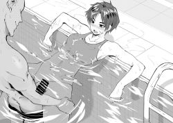 1990s_(style) 1boy 1girl bar_censor bare_arms bare_shoulders blush censored commission competition_swimsuit erection faceless faceless_male golden_boy greyscale happy_sex hayami_ayuko hetero monochrome norman_maggot nose_blush one-piece_swimsuit partially_submerged pool pool_ladder retro_artstyle short_hair swimsuit rating:Explicit score:73 user:surveyork