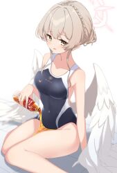  1girl amai_nekuta angel_wings bare_arms bare_legs bare_shoulders black_one-piece_swimsuit black_tea blue_archive blush bottle breasts feathered_wings halo highres holding holding_bottle large_breasts light_brown_hair looking_at_viewer nagisa_(blue_archive) one-piece_swimsuit open_mouth pink_halo school_swimsuit short_hair solo swimsuit tea wakamezake white_wings wings yellow_eyes 