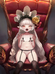 1girl absurdres ass bare_shoulders belly black_nails blush bonnet bow breasts cleft_of_venus commission drooling eyelashes female_focus fingernails flat_chest flower grey_hair halloween heterochromia highres izumi_kumi lingerie loli long_hair looking_at_viewer moromoro_0p0 nail_polish nipples open_mouth orange_eyes original pointy_ears pussy red_eyes rose saliva seat sharp_fingernails sitting slit_pupils solo straight_hair tagme thighs tongue tongue_out uncensored underwear vampire rating:Explicit score:181 user:GravelordNito