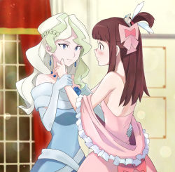  2girls 90millimetri backless_outfit blonde_hair blue_dress blue_eyes blush breasts brown_hair closed_mouth diana_cavendish dress earrings elbow_gloves gloves highres holding_another&#039;s_wrist indoors jewelry kagari_atsuko little_witch_academia long_hair looking_at_another multiple_girls necklace open_mouth pink_dress red_eyes sideboob small_breasts smile white_gloves yuri 