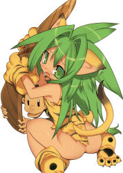 1girl animal_ears animal_hands animal_print ass blade_(galaxist) boomerang bottomless cat_ears cat_tail cham_cham fang gloves green_eyes green_hair highres loli long_hair looking_at_viewer looking_back monkey no_panties paku_paku paw_gloves paw_shoes queen&#039;s_blade queen&#039;s_gate samurai_spirits shoes simple_background snk tail tiger_print weapon white_background rating:Questionable score:25 user:danbooru