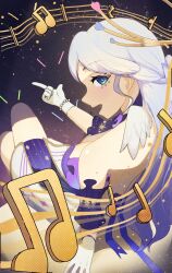  1girl aqua_eyes arm_support bare_back bare_shoulders breasts cleavage commentary facial_mark gloves head_wings highres honkai:_star_rail honkai_(series) long_hair looking_at_viewer musical_note pointing robin_(honkai:_star_rail) solo staff_(music) white_gloves white_hair wings yellow_glasses_(odivichno) 