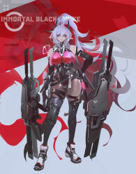  absurdres art_study bare_shoulders breasts china_dress chinese_clothes dress full_body grey_background highres huge_weapon large_breasts legs long_hair long_legs looking_at_viewer messy_hair multicolored_hair original pointy_ears red_background red_eyes red_hair shoes smile smjim1986 sneakers thighhighs two-tone_background two-tone_hair very_long_hair vial weapon white_hair 