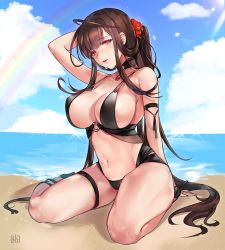 1girl ahoge alracoco arm_support arm_up bare_shoulders beach bikini black_bikini black_footwear blue_sky blunt_bangs blush breasts brown_hair choker cleavage cloud commentary day dsr-50_(girls&#039;_frontline) flower gem girls&#039;_frontline groin hair_flower hair_ornament hair_rings head_tilt jewelry large_breasts long_hair looking_at_viewer navel o-ring o-ring_bikini o-ring_choker ocean open_mouth outdoors pendant ponytail rainbow red_eyes red_gemstone revision sand sidelocks sitting sky smile solo stomach swimsuit thigh_strap thighs very_long_hair wariza rating:Sensitive score:39 user:danbooru