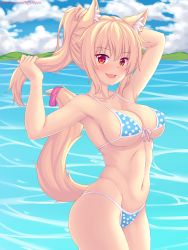 1girl :d animal_ear_fluff animal_ears arm_up armpits bare_arms bare_shoulders bikini blonde_hair blue_bikini blush breasts cat_ears cat_girl cat_tail cleavage collarbone commentary covered_erect_nipples day english_commentary fang front-tie_bikini_top front-tie_top groin hair_between_eyes hair_ornament hair_scrunchie hand_up highres large_breasts long_hair looking_at_viewer navel nottytiffy open_mouth original outdoors pink_scrunchie polka_dot polka_dot_bikini ponytail red_eyes scrunchie sidelocks slit_pupils smile solo swimsuit tail tail_raised tiffy_(nottytiffy) tying_hair water watermark web_address rating:Sensitive score:74 user:danbooru