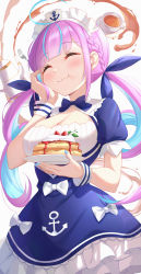 1girl :t absurdres blue_dress blue_hair blue_nails blunt_bangs blush breasts cleavage closed_eyes closed_mouth colored_inner_hair cup dress drill_hair food food_on_face fork frilled_dress frills hand_on_own_cheek hand_on_own_face highres holding holding_fork holding_plate hololive keikei_(kitty_colors) large_breasts long_hair minato_aqua minato_aqua_(1st_costume) multicolored_hair nail_polish pink_hair plate puffy_short_sleeves puffy_sleeves saucer short_sleeves solo tea teacup teapot twin_drills twintails very_long_hair virtual_youtuber wrist_cuffs rating:Sensitive score:4 user:danbooru