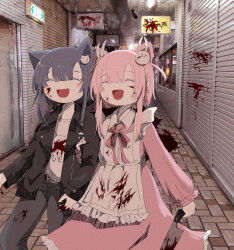  2girls animal_ears apron arrow_(symbol) ashi_izumo belt black_jacket black_pants blood blood_on_clothes blood_on_face blood_on_ground blood_on_hands bloody_knife blush cat_ears cat_hair_ornament closed_eyes collared_dress distortion dress ear_piercing feet_out_of_frame film_grain fish_earrings frilled_apron frills hair_flaps hair_ornament hatching_(texture) highres holding jacket kitchen_knife knife left-handed locked_arms long_dress long_hair long_sleeves multiple_girls open_clothes open_jacket open_mouth original pants perspective photo_background piercing pink_dress pink_hair rabbit_hair_ornament raised_eyebrows shadow shirt shirt_tucked_in shutter_shades sidelocks sign smile tile_floor tiles walking white_apron white_shirt window yuri 