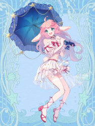 1girl :d ahoge animal_ears bare_shoulders blue_background blue_umbrella bow choker dairoku_ryouhei full_body green_eyes holding holding_umbrella looking_at_viewer midriff navel open_mouth parasol pink_hair rabbit_ears rabbit_tail red_bow sandals skirt smile solo tail toco_ovo umbrella white_skirt 