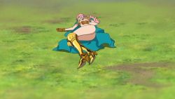  1girl armor ass bikini_armor boots bottomless braid braided_ponytail breasts brown_gloves butt_crack cape defeat gloves grass highres long_hair lying no_panties nude nude_filter one_piece pink_hair rebecca_(one_piece) screencap shiny_skin solo thighs third-party_edit  rating:Questionable score:21 user:acidboy