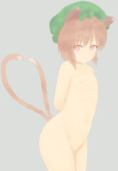  animal_ears arms_behind_back artist_request brown_hair cat_ears cat_tail chen flat_chest hat highres loli looking_at_viewer multiple_tails nipples nude red_eyes short_hair tail touhou two_tails  rating:Questionable score:20 user:Naknakha