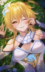  1girl arms_up blonde_hair breasts clenched_teeth commentary detached_sleeves dress flower from_above genshin_impact hair_between_eyes hair_flower hair_ornament hands_up lumine_(genshin_impact) medium_breasts on_grass one_eye_closed open_mouth scarf short_hair_with_long_locks sidelocks solo symbol-only_commentary teeth twitter_username ulularts upper_body white_dress white_flower white_scarf yellow_eyes 