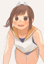  1girl all_fours blue_one-piece_swimsuit brown_eyes brown_hair i-401_(kancolle) kantai_collection looking_at_viewer one-hour_drawing_challenge one-piece_swimsuit open_mouth orange_sailor_collar ponytail sailor_collar school_swimsuit shirt short_ponytail side-tie_shirt simple_background sleeveless sleeveless_shirt smile solo suppaman_(rfjy) swimsuit swimsuit_under_clothes teeth upper_teeth_only white_background 