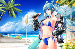  1girl aqua_nails bangs bare_shoulders bikini black_jacket blue_bikini blue_eyes blue_hair blue_sky bottle breasts cleavage cloud cola commentary_request cowboy_shot day grin hair_rings hand_on_hip hand_up hatsune_miku highres holding holding_bottle innertube jacket long_hair long_sleeves nail_polish navel ocean off_shoulder open_clothes open_jacket outdoors palm_tree side-tie_bikini sidelocks sky small_breasts smile solo standing stomach swimsuit thighs tree very_long_hair vocaloid water yokaze_(yokajie) 