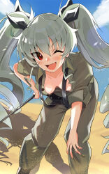  1girl adapted_uniform anchovy_(girls_und_panzer) anzio_military_uniform areola_slip belt black_belt black_footwear black_ribbon blaze_(blazeillust) blue_sky blush boots breasts cloud collared_shirt commission day desert downblouse drill_hair fang girls_und_panzer green_hair grey_pants grey_shirt hair_ribbon hand_on_own_hip hand_on_own_knee highres holding holding_riding_crop horizon leaning_forward long_hair looking_at_viewer medium_breasts military military_uniform nipple_slip nipples no_bra one_eye_closed open_mouth outdoors pants partially_unbuttoned pixiv_commission red_eyes ribbon riding_crop sand shadow shirt skin_fang sky sleeves_rolled_up smile solo standing suspenders sweat twin_drills twintails uniform very_long_hair wing_collar  rating:Sensitive score:28 user:danbooru