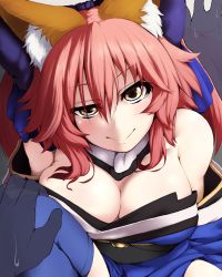  10s 1girl animal_ears bell neck_bell blue_legwear blush bow breasts cleavage collar detached_sleeves fate/extra fate/grand_order fate_(series) fox_ears fox_tail hair_bow hair_ribbon japanese_clothes large_breasts looking_at_viewer nejime pink_hair ribbon solo tail tamamo_no_mae_(fate/extra) yellow_eyes  rating:Sensitive score:19 user:danbooru