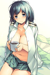  10s 1girl aaru_(tenrake_chaya) blue_eyes blue_hair blush borrowed_clothes breasts breasts_squeezed_together cleavage coffee coffee_mug cup from_above green_skirt hair_down head_tilt heart heart-shaped_pupils highres holding holding_cup jacket jacket_on_shoulders kantai_collection large_breasts light_smile long_hair looking_at_viewer matching_hair/eyes messy_hair military_jacket miniskirt mug navel no_bra no_shirt on_bed open_clothes open_jacket pleated_skirt sitting skirt solo souryuu_(kancolle) symbol-shaped_pupils unbuttoned white_background  rating:Questionable score:24 user:danbooru