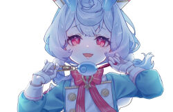  1girl :d aqua_dress blue_hair blush bow bowtie brooch buttons commentary_request crime_prevention_buzzer crossed_bangs double-breasted dress eyelashes genshin_impact gloves hair_between_eyes hair_ornament hands_up holding jewelry long_sleeves looking_at_viewer low_twintails medium_hair open_mouth pom_pom_(clothes) pom_pom_hair_ornament puffy_long_sleeves puffy_sleeves raised_eyebrows red_bow red_bowtie red_eyes short_twintails shukusei!!_loli-gami_requiem sidelocks sigewinne_(genshin_impact) signature smile solo tensie_1712 twintails upper_body white_background white_gloves  rating:General score:13 user:danbooru